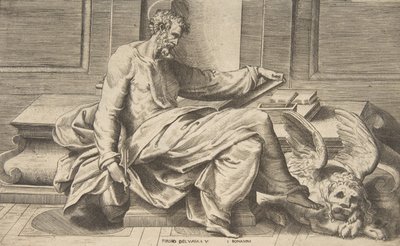 San Marco che scrive il suo vangelo, leone alato a destra da Giulio Bonasone