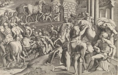 I Troiani trascinano il cavallo di legno a Troia da Giulio Bonasone