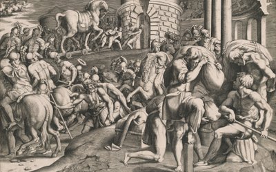I Troiani che tirano il cavallo di legno nella città da Giulio Bonasone