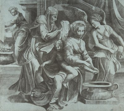 La Vergine lava il Bambino Gesù accompagnata da figure e un angelo a destra, ca. 1550-60 da Giulio Bonasone