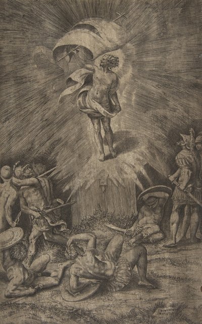 La Resurrezione di Cristo, con uno stendardo nella mano destra, soldati che circondano il t..., 1561 da Giulio Bonasone