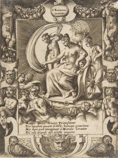 Il trionfo di Giunone seduta in una carrozza, inserita in una cornice elaborata, 1531-76 da Giulio Bonasone