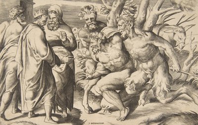 Due satiri portano Sileno, Re Mida in piedi a sinistra, 1531-76 da Giulio Bonasone