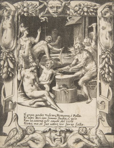 Vulcano, Nettuno, Atena e altri dei che fabbricano catene per tirare Giove dal cielo (dettaglio) da Giulio Bonasone
