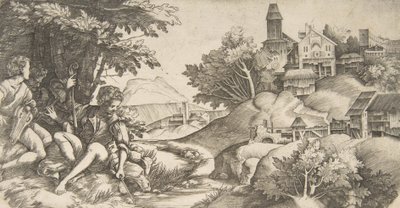 A sinistra quattro pastori con strumenti musicali seduti sotto un gruppo di alberi da Giulio Campagnola