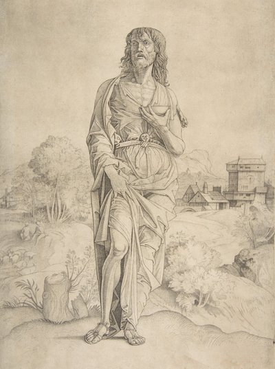 San Giovanni Battista in piedi nel paesaggio, figure e edifici sullo sfondo, ca. 1505-10 da Giulio Campagnola