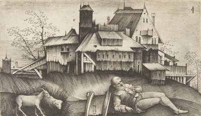Il vecchio pastore sdraiato in un paesaggio, edifici dietro, una capra e una pecora da Giulio Campagnola