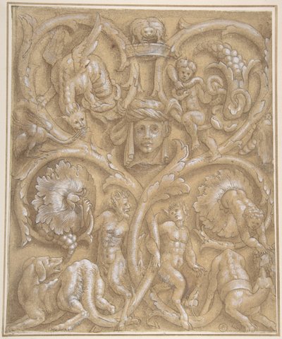 Progetto per un pannello ornamentale con rinceaux, satiri, putti, mostri e una testa umana, 1535-45 da Giulio Campi.