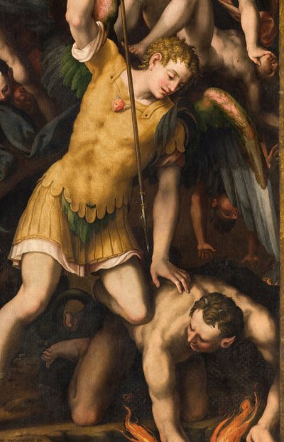 Transetto nord, Altare di San Michele Arcangelo, Arcangelo Michele che uccide il male, Giulio Campi 1566, (dettaglio) da Giulio Campi