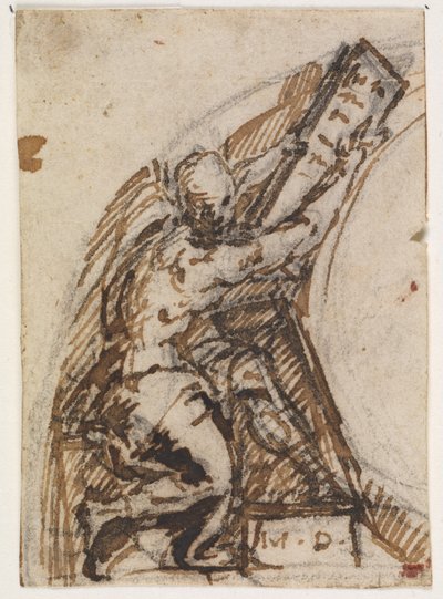 Uomo seduto con tavoletta di scrittura (?). Dettaglio architettonico da Giulio Campi