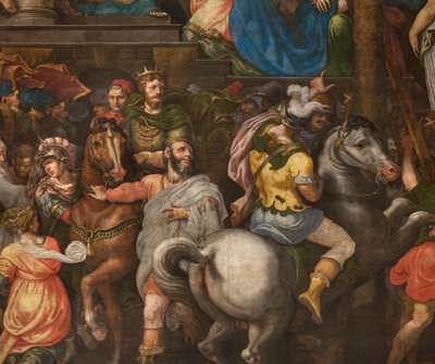Parete opposta alla controfacciata del transetto sud, Giuseppe Campi, Trionfo di Mardocheo 1567, (dettaglio parte inferiore) da Giulio Campi