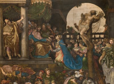 Parete opposta alla controfacciata del transetto sud, Giuseppe Campi, Trionfo di Mardocheo 1567, (dettaglio) da Giulio Campi