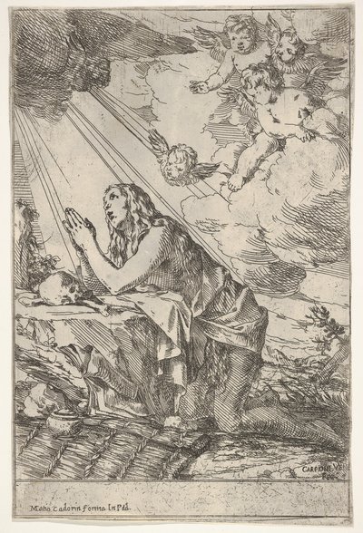 Maddalena penitente inginocchiata su un terreno roccioso davanti a un teschio e ossa, un unguento, ca. 1640-55 da Giulio Carpioni