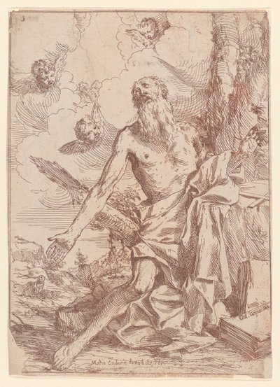 San Girolamo inginocchiato accanto a un albero con le braccia tese da Giulio Carpioni