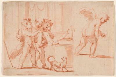 Due putti che portano un terzo putto; un altro putto di spalle da Giulio Carpioni