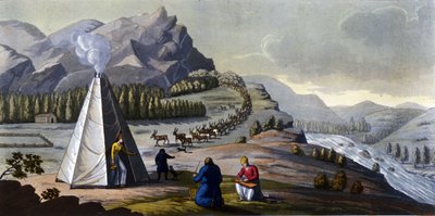 Paesaggio Sami: popoli indigeni che vivono nelle terre dei paesi del nord (Norvegia, Finlandia, Svezia e Russia) che fanno cesti di vimini, puliscono il pesce vicino a una tenda. in 