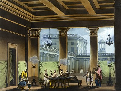 Triclinium illuminato con lampade a olio nell