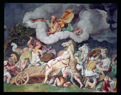 Achille che trascina il corpo di Ettore sul suo carro, dettaglio dal soffitto della Sala di Troia, c.1538 da Giulio Romano