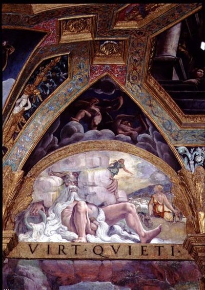 Figura antropomorfa di un fiume come un vecchio con una lunga barba bianca, sullo sfondo Psiche impegnata nella sua prova impostale da Venere di rubare lana da un vello di pecora, lunetta e pennacchio dalla Sala di Amore e Psiche da Giulio Romano