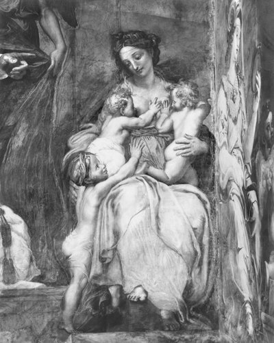 Carità, una delle due Virtù che circondano Papa San Urbano I (m.230) Stanze di Raffaello (dettaglio) da Giulio Romano
