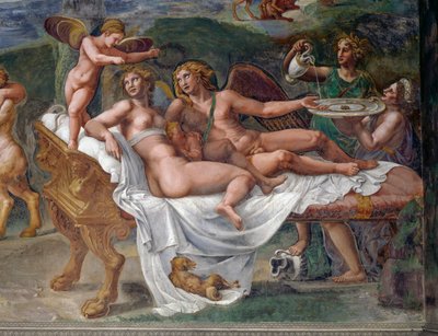 Amore e Psiche con la loro figlia Voluttà (Piacere) sdraiati sul letto, dettaglio dalla Festa nuziale o Banchetto degli dei, affresco di Giulio Romano (1499-1546), Palazzo Te, Mantova (Lista del Patrimonio Mondiale UNESCO, 2008), Lombardia, Italia da Giulio Romano