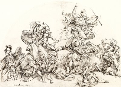 Diomede, ferito da Pandaro, è confortato da Pallade Atena da Giulio Romano
