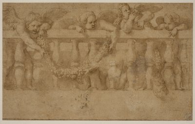 Quattro putti alati che decorano una balaustra con ghirlande da Giulio Romano