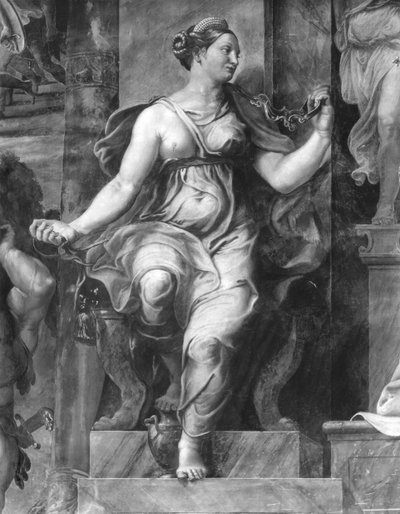 Moderazione, una delle due Virtù che circondano Papa Clemente I (1-97) Stanze di Raffaello (dettaglio) da Giulio Romano