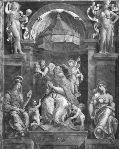 Papa Damaso I (c.304-384) tra Prudenza e Pace, Stanze di Raffaello da Giulio Romano