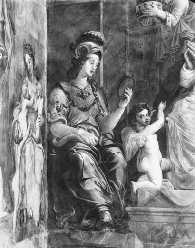 Prudenza seduta accanto a Papa Damaso I (c.304-384) Stanze di Raffaello (dettaglio) da Giulio Romano