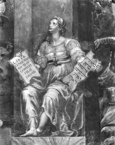 Religione, una delle due figure allegoriche che circondano Papa Silvestro I (314-35) Stanze di Raffaello (dettaglio) da Giulio Romano