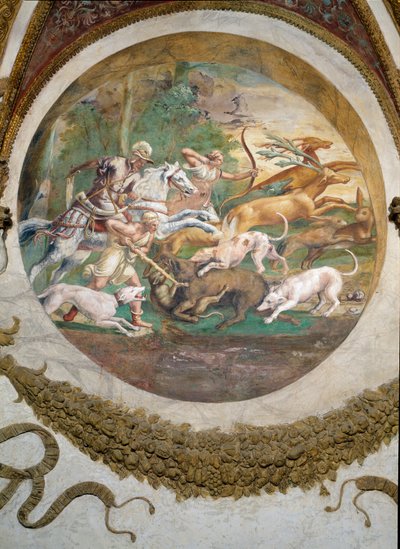 Scena che mostra che coloro nati sotto il segno del Cancro in congiunzione con la costellazione di Marte saranno abili nella caccia e nella pesca, simboleggiata da una scena di caccia, dalla Camera dei Venti da Giulio Romano