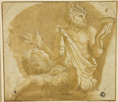 Fauno Seduto che Tiene una Cornucopia (recto); Schizzo di Albero e Casa (verso) da Giulio Romano
