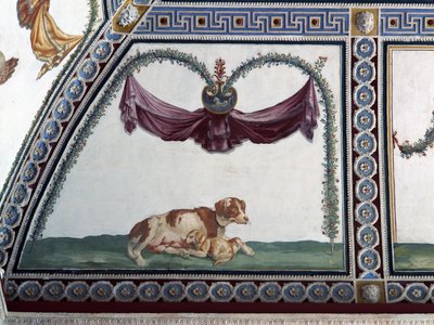 La Camera con Fregio di Amorini (dettaglio di un cane e un cucciolo, 1520s) da Giulio Romano