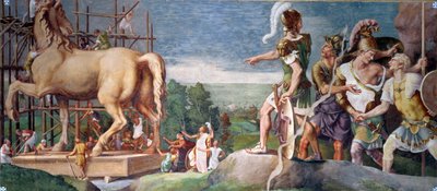 La costruzione del cavallo di legno di Troia da Giulio Romano