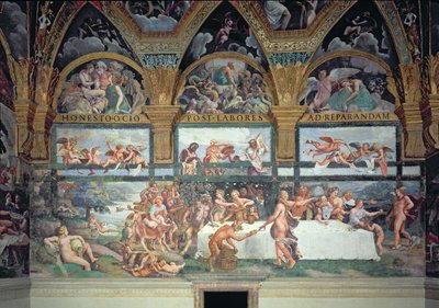Il banchetto rustico che celebra il matrimonio di Cupido e Psiche, con le tre lunette sopra che raffigurano una delle prove di Psiche per riportare dall