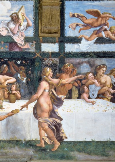 Il banchetto rustico che celebra il matrimonio di Cupido e Psiche, con le tre lunette sopra che raffigurano una delle prove di Psiche per riportare dall