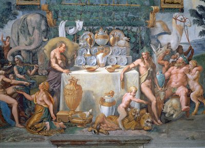 Il nobile banchetto che celebra il matrimonio di Cupido e Psiche, dettaglio che mostra Dionisio e Sileno a destra di un tavolo con il servizio da cena, dalla Sala di Amore e Psiche, 1528 da Giulio Romano