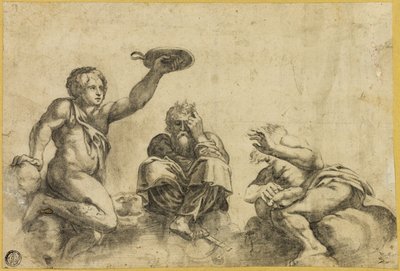 Il Tempo seduto sulle nuvole, affiancato da altri due angeli da Giulio Romano