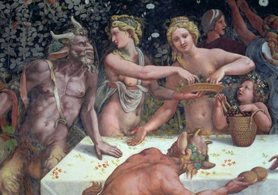 Due Ore che spargono fiori, osservate da due satiri (dettaglio del banchetto rustico) da Giulio Romano