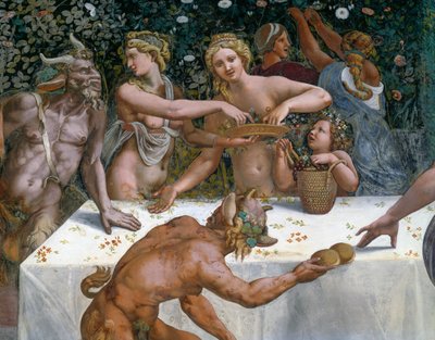 Festa di nozze o Banchetto degli dei, affresco di Giulio Romano (1499-1546), parete ovest della Camera di Cupido e Psiche, Palazzo Te, Mantova (Patrimonio Mondiale dell