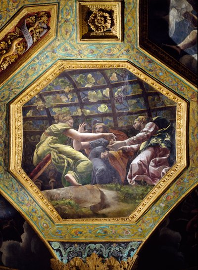 Donne che raccolgono uva, cassetta del soffitto dalla Sala di Amore e Psiche, 1528 da Giulio Romano