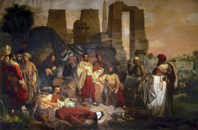 Egittologo Jean Francois Champollion seduto al centro, circondato da Ippolito Rosellini e Gaetano Rossellini da Giuseppe Angelelli