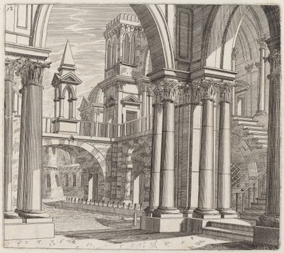 Fantasia architettonica con edifici, scale e portali accanto a un canale da Giuseppe Antonio Landi