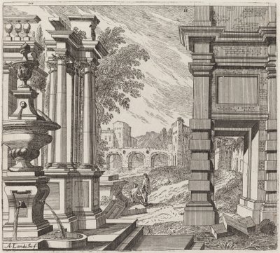 Fantasia architettonica con una fontana, rovine classiche e un ponte da Giuseppe Antonio Landi