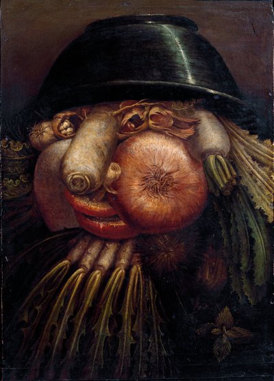 Ritratto con verdure (Il Maraicher). Tra le verdure e i frutti rappresentati: noci, ravanello, fungo, aglio, castagna, cipolla, insalata, nocciola e rapa. Dipinto di Giuseppe Arcimboldo da Giuseppe Arcimboldo