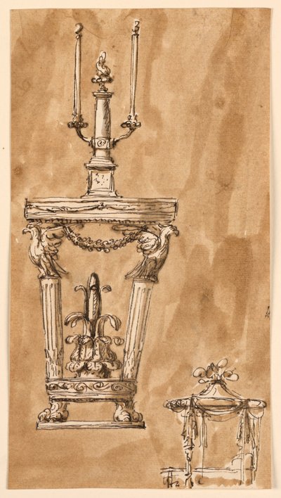 Progetto per un tavolo consolle con candelabro e un letto da Giuseppe Barberi