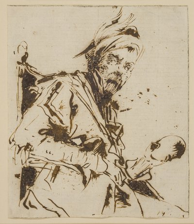Mezza figura maschile seduta su una sedia con un cappello piumato e un teschio (?) nella mano sinistra da Giuseppe Bernardino Bison