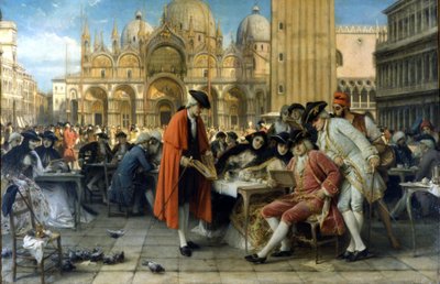 Il pittore Francesco Guardi vende i suoi dipinti davanti al caffè Florian. 1892. Dipinto di Giuseppe Bertini. Galleria d