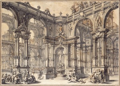 Il portico di un palazzo italiano con una fontana decorata con una statua della Fortuna da Giuseppe Bibiena